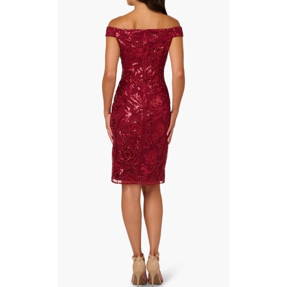 Adrianna Papell Garnet Red Off-Shoulder Sheath Dress Size 2 - Sequin Floral Embe - Picture 2 of 7